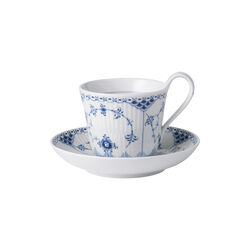 Blue Fluted Half Lace kopp med fat, 25 cl, Royal Copenhagen