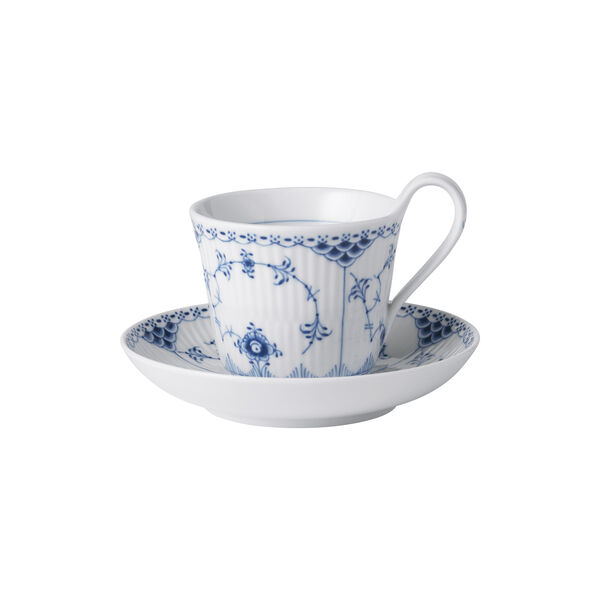 Blue Fluted Half Lace kopp med fat, 25 cl, Royal Copenhagen