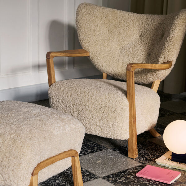 Wulff ATD2 Lounge Chair and ATD3 Pouf, Sheepskin moonlight/oiled oak, &Tradition