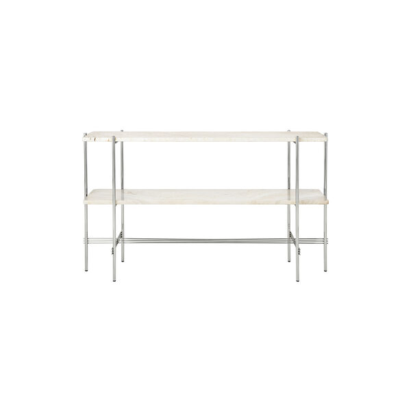 TS Console with 2 Racks, neutral white travertine/steel, GUBI