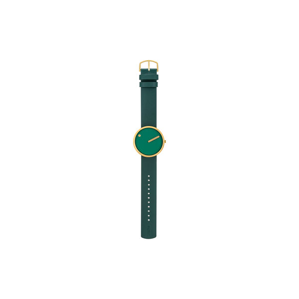 Picto 40 mm, dusty green dial, matt gold bezel, grass green leather strap, Picto
