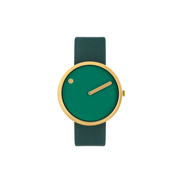 Picto 40 mm, dusty green dial, matt gold bezel, grass green leather strap, Picto