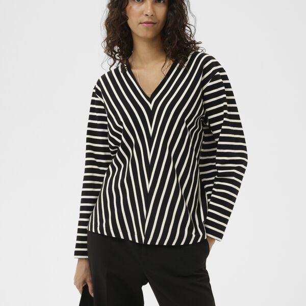 DellaIW V-Neck T-Shirt, black / whisper white stripe, InWear