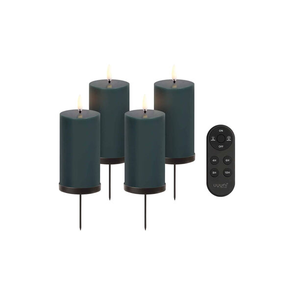 Giftbox w. spike, remote, LED pillar candle 4-pack, pine green Giftbox w. spike, remote, LED pillar candle 4-pack, pine green, Uyuni Lighting