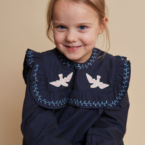 Checkered Dress w. Embroidery and Ruffle, brown/blue check comb., Copenhagen Colors Organics