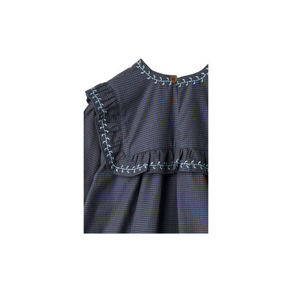 Checkered Dress w. Embroidery and Ruffle, brown/blue check comb., Copenhagen Colors Organics