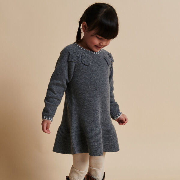 Lambswool Dress w. Bow, dark grey/cream comb. Lambswool Dress w. Bow, dark grey/cream comb., Copenhagen Colors Organics