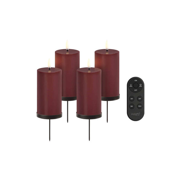 Giftbox w. spike, remote, LED pillar candle 4-pack, wine red, Uyuni Lighting