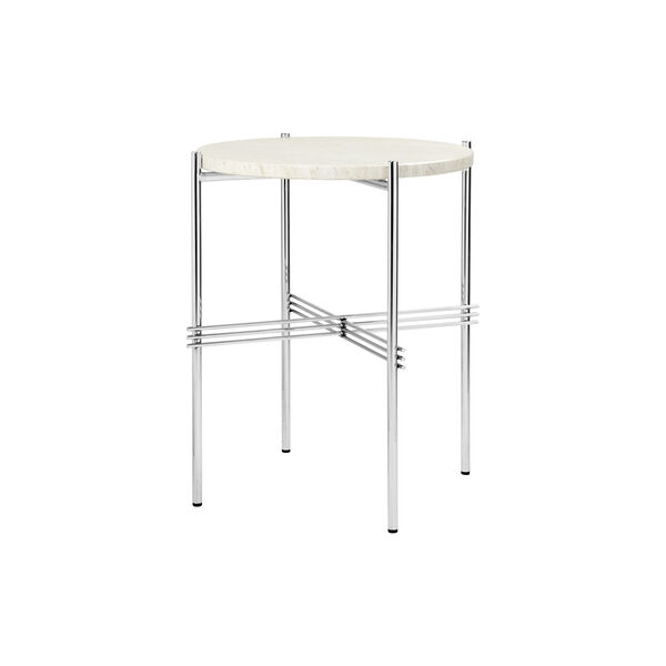 TS Side Table Round, neutral white travertine/steel, GUBI