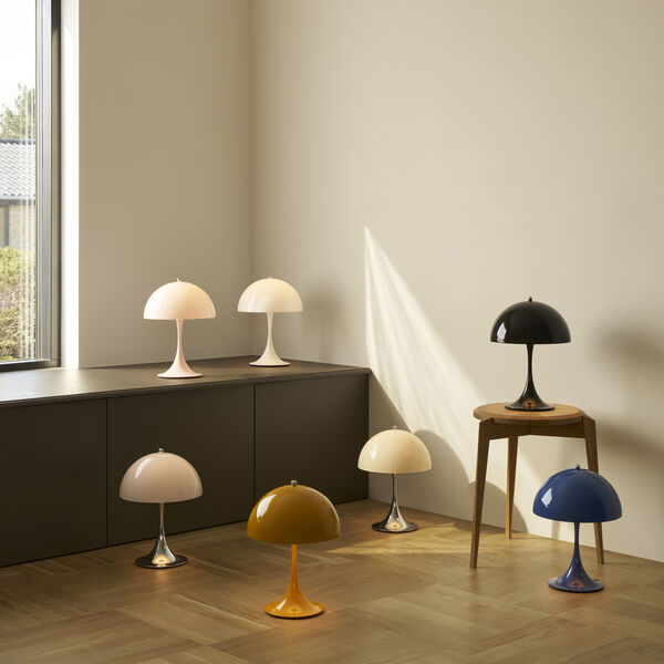 Panthella 250 Portable Table Lamp, chrome opal blue grey, Louis Poulsen