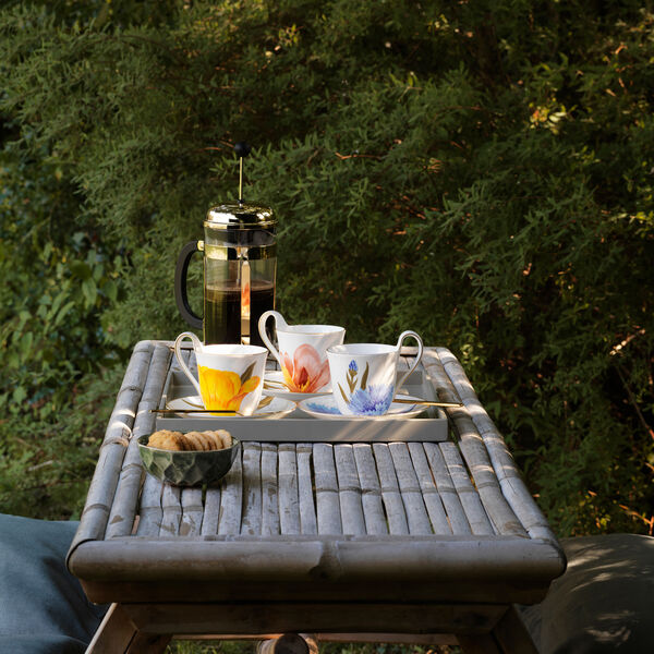 Flora kopp med h&ouml;gt handtag och fat, bl&aring;klint, Royal Copenhagen