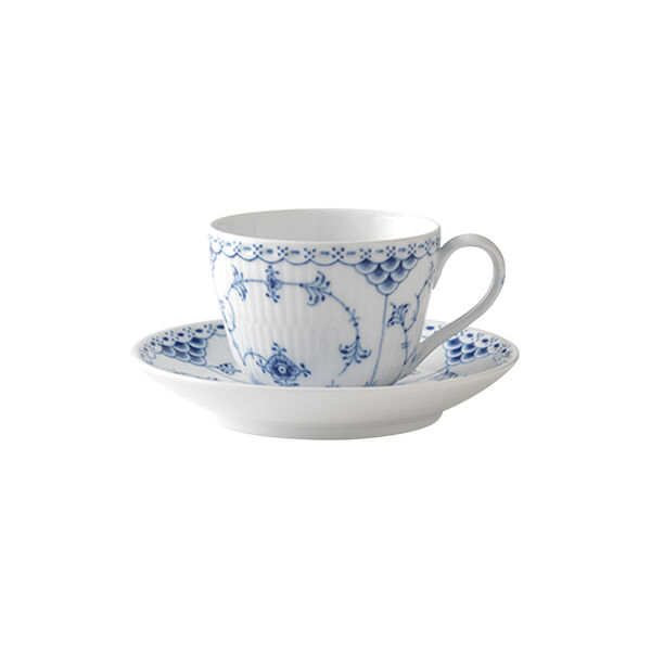Blue Fluted Half Lace kopp med fat 20 cl, Royal Copenhagen
