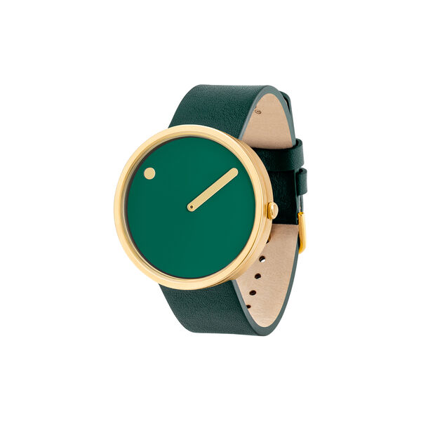 Picto 40 mm, dusty green dial, matt gold bezel, grass green leather strap, Picto